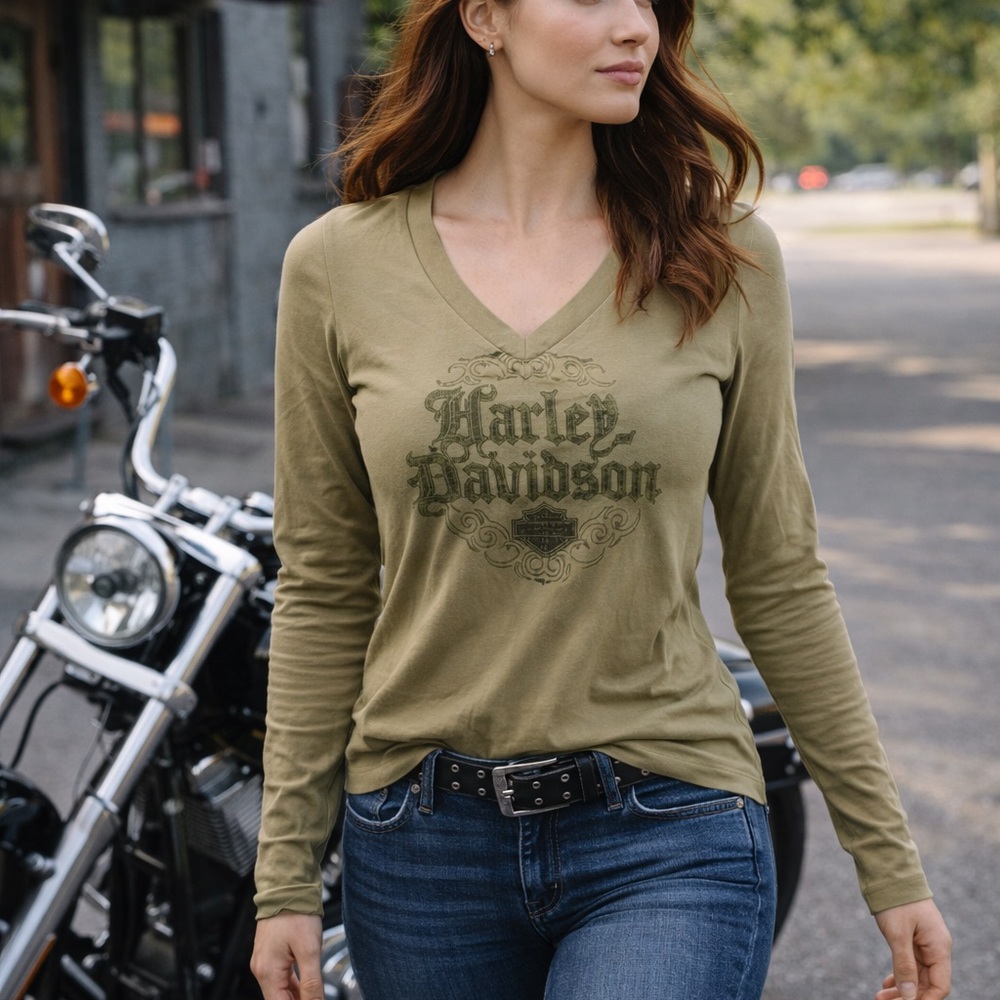 Harley Davidson Ladies Long Sleeve Green T-shirt